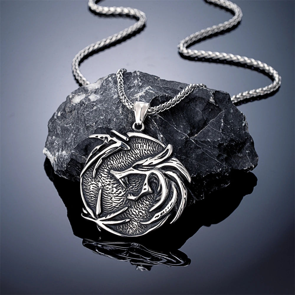 Vintage Vikings Odin's Wolf Necklaces Men Stainless Steel Norse Mythology Celtic Dragon Fenrir Amulet Pendant Men Charm Jewelry