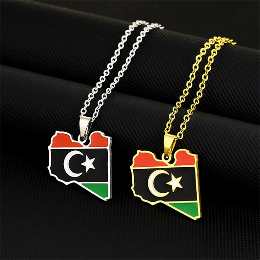 Fashion Libya Map Flag Pendant Necklace for Women Men Gold Color Jewelry Libya Country Map Charms Jewelry Ethnic for Women Men