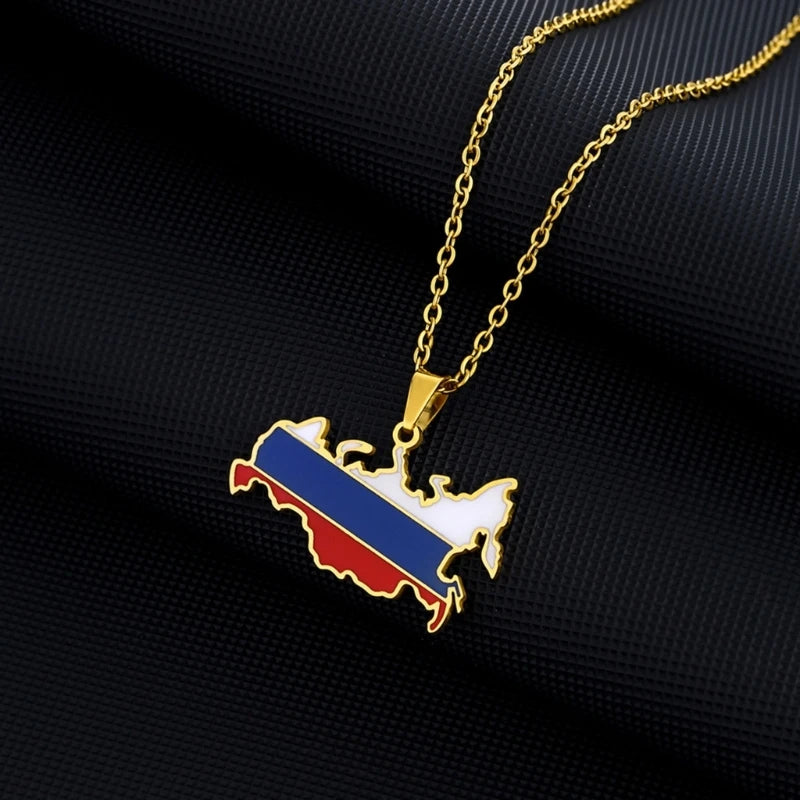 Russia Flag Chain Necklaces National Map Pendant Choker Country Jewelry Stainless Steel Material Gift for Women Men