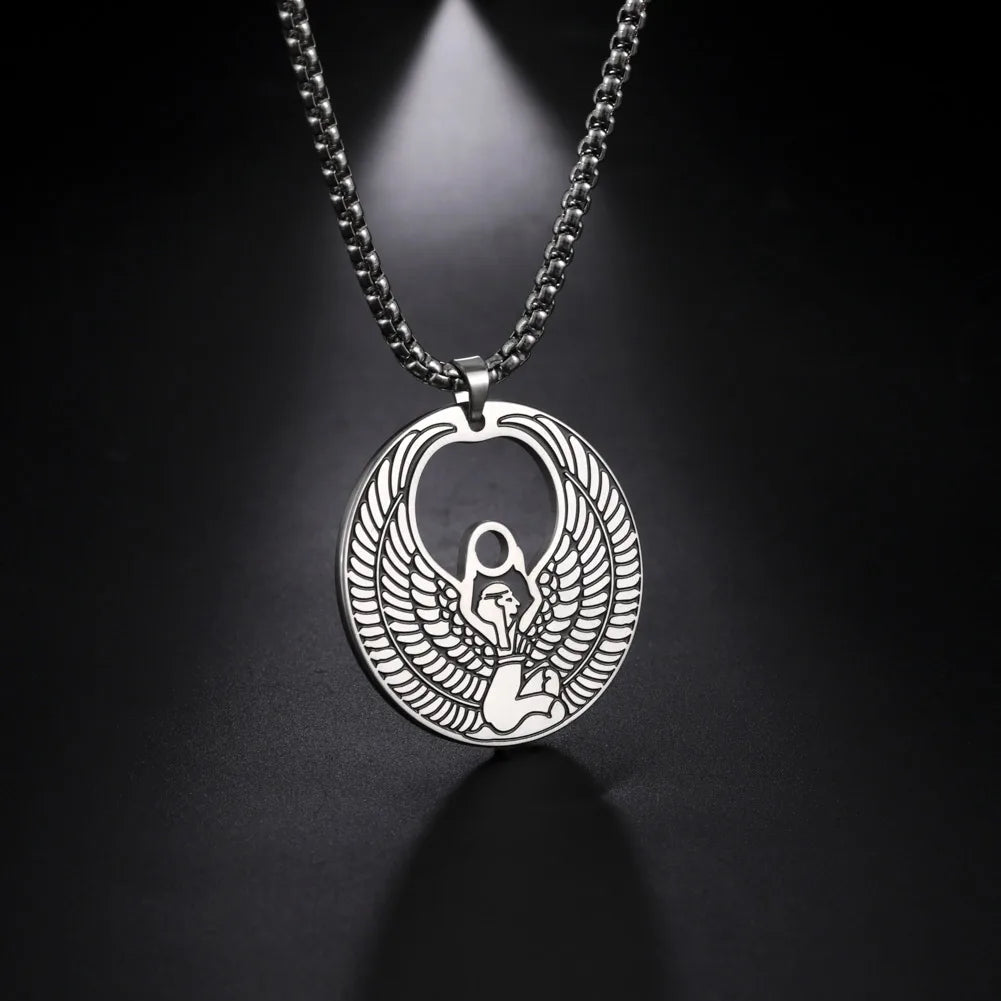 Amaxer Egyptian Mythology Wings Goddess Isis Pendant Necklace Stainless Steel Ancient Egypt Magic Power Charm Jewelry Gifts