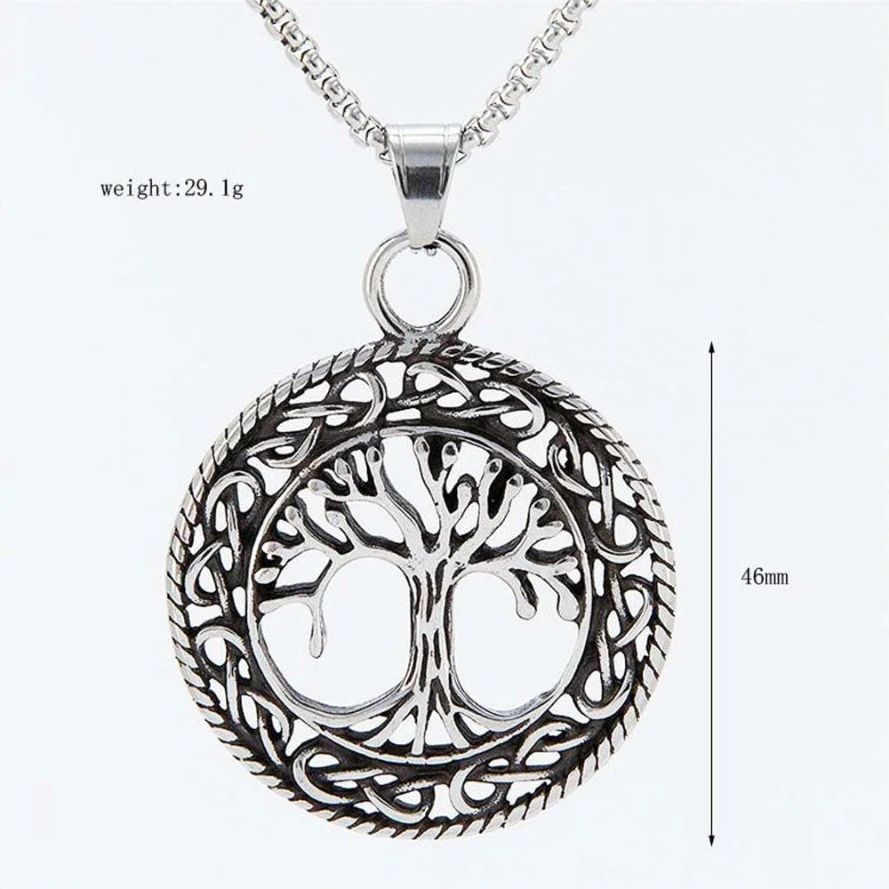 Vintage Stainless Steel Tree of Life Pendant Nordic Mythology Odin Celtics Knot Necklace Men's Chain Fashion Viking Jewelry Gift