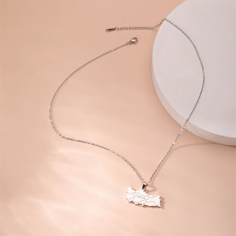 EUEAVAN Trendy Turkey Map Pendant Necklace Stainless Steel Country Ethnic Necklaces for Women Men Turkish Anniversary Jewelry