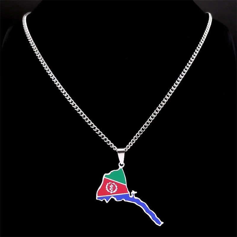 Eritrea Flag Map of Eritrean Country Necklace Women Men Stainless Steel Silver Color Pendant African Necklaces Jewelry