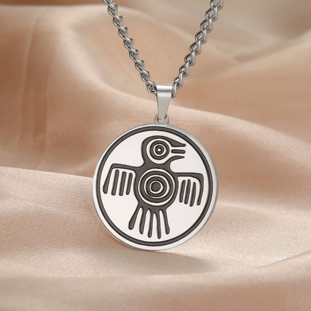 Dawapara Aztec Spirit Bird Symbol Necklace Mayan Culture Power Strength and Courage Amulet Pendant Stainless Steel Jewelry