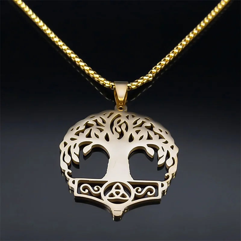 Viking Tree Of Life Celtic Knot Necklace for Women Men Stainless Steel Gold Color Mythology Chain Necklaces Jewelry colar N8071