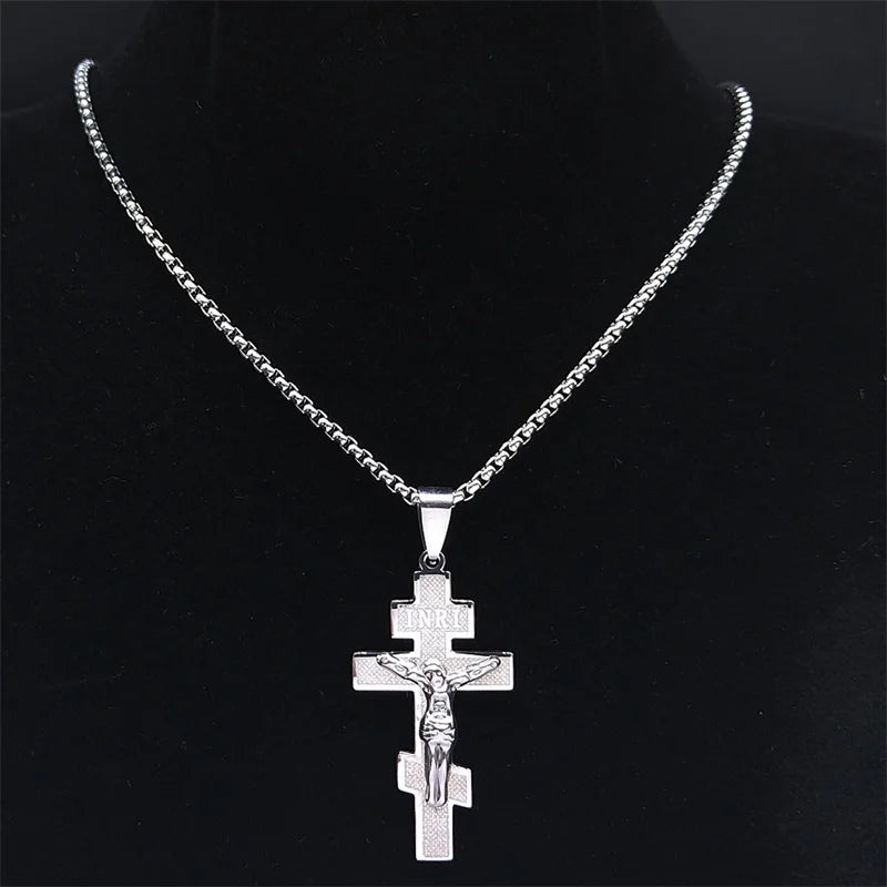 Orthodox Cross Jesus Necklace for Women Men Stainless Steel Russian Greek Church Eternal Cross Jewelry corrente masculina N6597