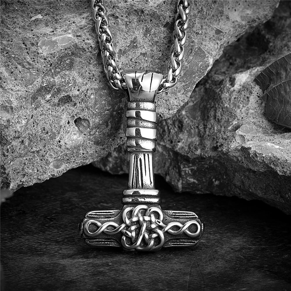 Never Fade Viking Thors Hammer Necklace Norse Runes Celtic Knot Pendant Vegvisir Amulet Men Stainless Steel Self-defense Jewelry