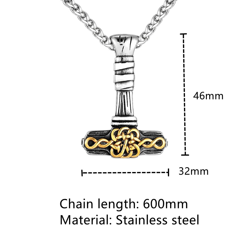 Never Fade Viking Thors Hammer Necklace Norse Runes Celtic Knot Pendant Vegvisir Amulet Men Stainless Steel Self-defense Jewelry