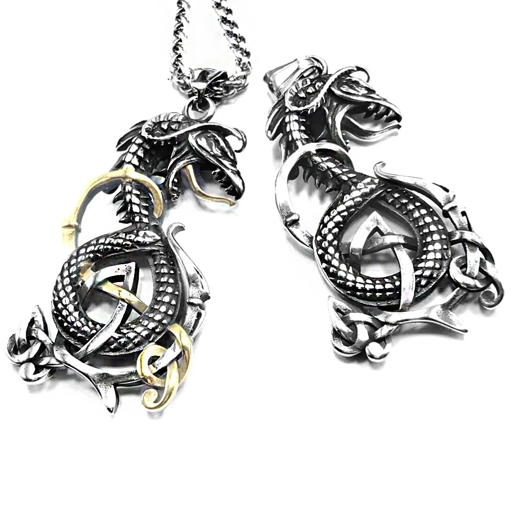 Domineering Vikings Dragon Necklaces Men Stainless Steel Norse Mythology Jormungand Amulet Vintage Animals Pendant Charm Jewelry