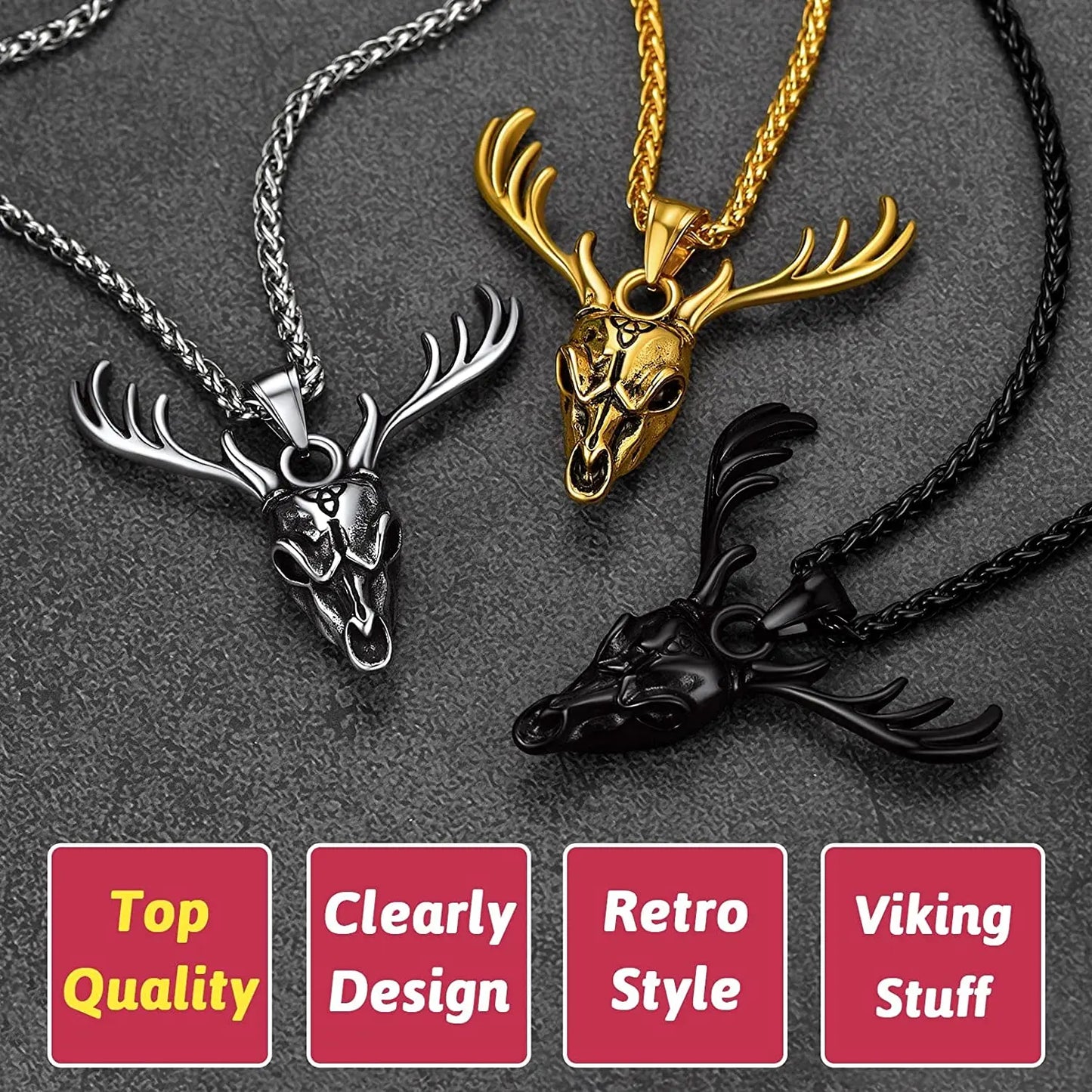 ChainsPro Celtic Mythology Viking Deer Antler Pendant Necklace for Men Women, Stainless Steel/14K Gold Plated CP784