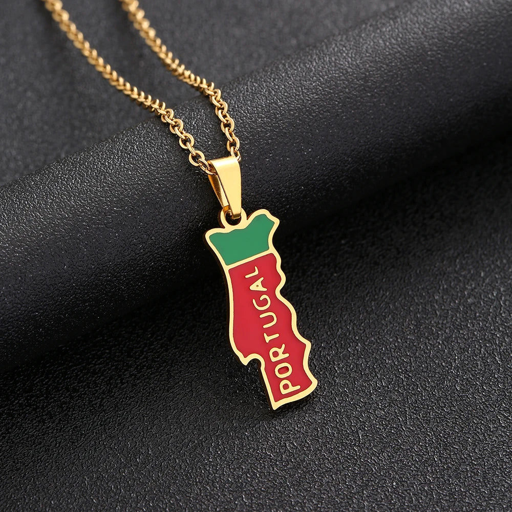 Fashion Portugal Map Flag Pendant Necklace Stainless Steel Men Women Gold Steel Color Country Map Jewelry Gift