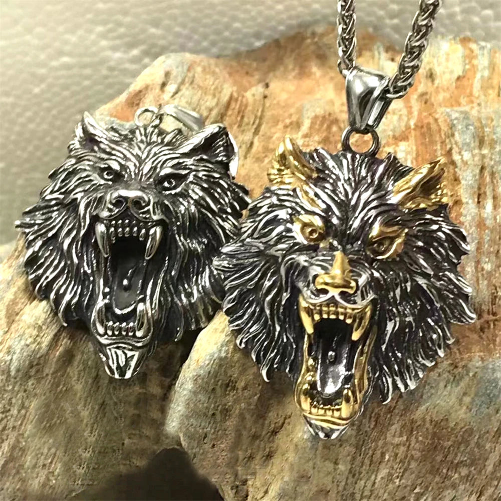 Vintage Norse Runes Odin's Wolf Necklaces Men Punk Stainless Steel Vikings Wolf Head Pendant Amulet Scandinavian Jewelry Gifts