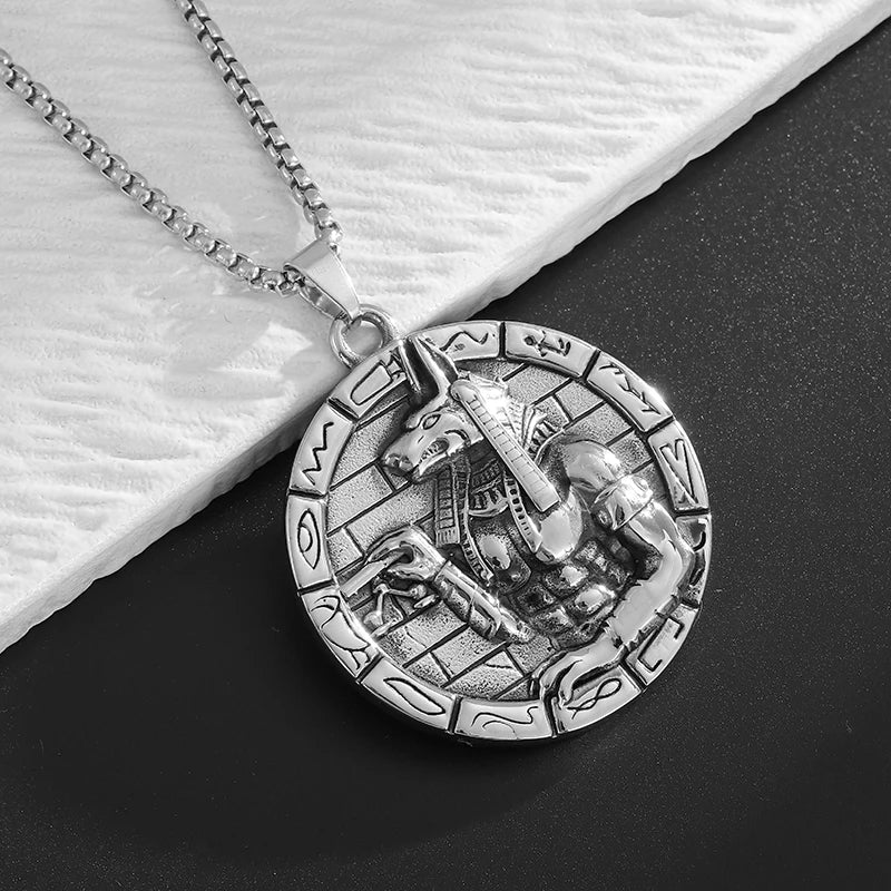 Retro Arabian Egyptian Mythology God of Death Anubis Medal Pendant Necklace Men's Personalized Punk Pharaoh Amulet Jewelry