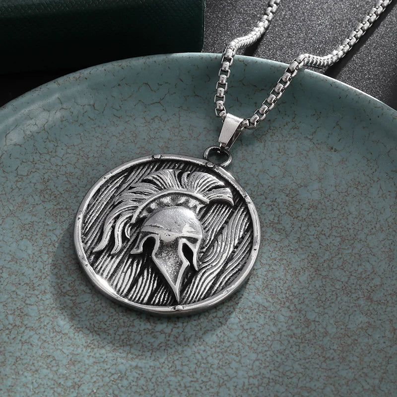 Stainless Steel Classic Greek Spartan Warrior Shield Helmet Pendant Necklace Men Women Guardian Jewelry