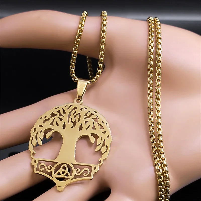 Viking Tree Of Life Celtic Knot Necklace for Women Men Stainless Steel Gold Color Mythology Chain Necklaces Jewelry colar N8071