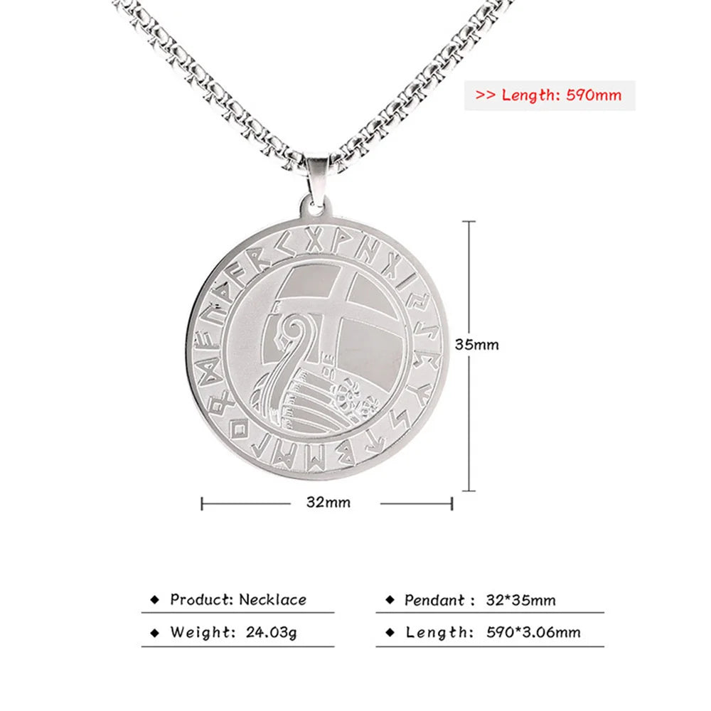 EUEAVAN Vintage Vegvísir Sailboats Symbol Round Pendant Necklace Norse Viking Runes Amulet Necklaces Guidance Talisman Jewelry