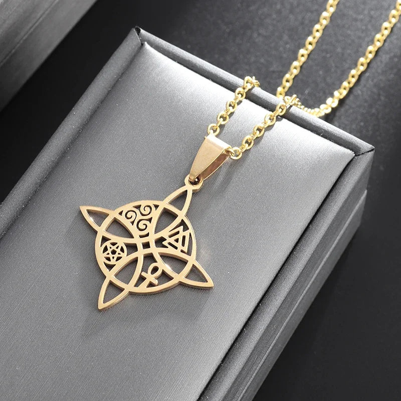 Witch Knot Necklace Celtic Knot Pendant Stainless Steel Amulet Triskelion Ankh Cross Pentagon Jewelry Birthday Gift for Women