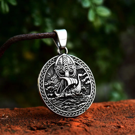 Retro Norse Mythology Odin Pirate Ship Pendant Necklace Men's Gothic Punk Ethnic Style Trendy Jewelry