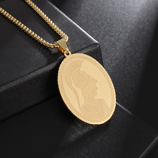 Popular and Fashionable New Greek Goddess Athena Medal Hanging Simple Stainless Steel Men's and Women's Necklace