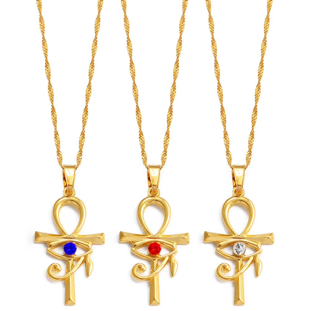 Anniyo Ancient Egypt Symbol Ankh Cross & Eye Pendant Necklaces African Amulet Jewelry Egyptian Charms Accessories Stone @262506