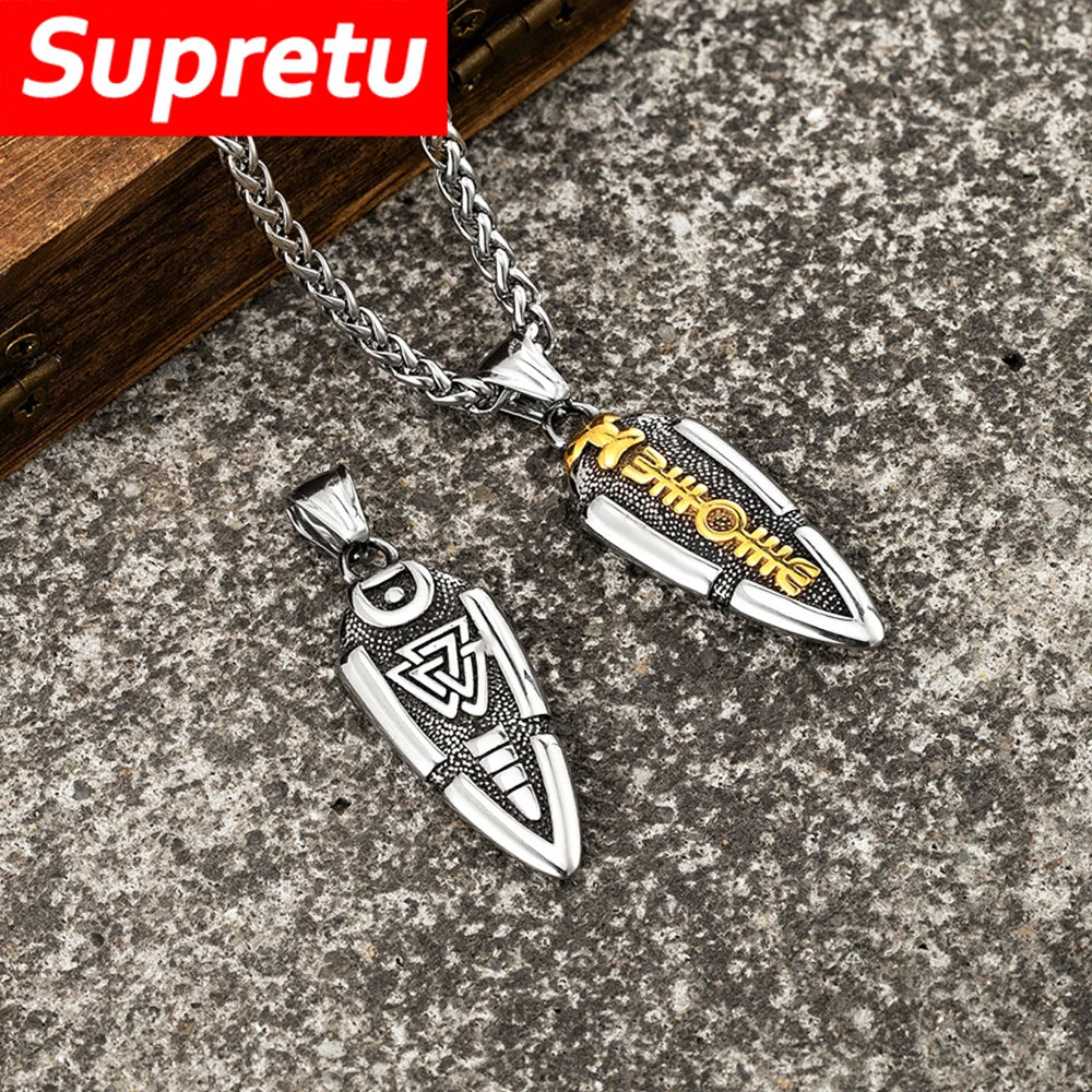 Vikings Rune Gungnir Arrowhead Necklace Men Stainless Steel Norse Mythology Odin's Spear Pendant Charm Valknut Amulet Jewelry