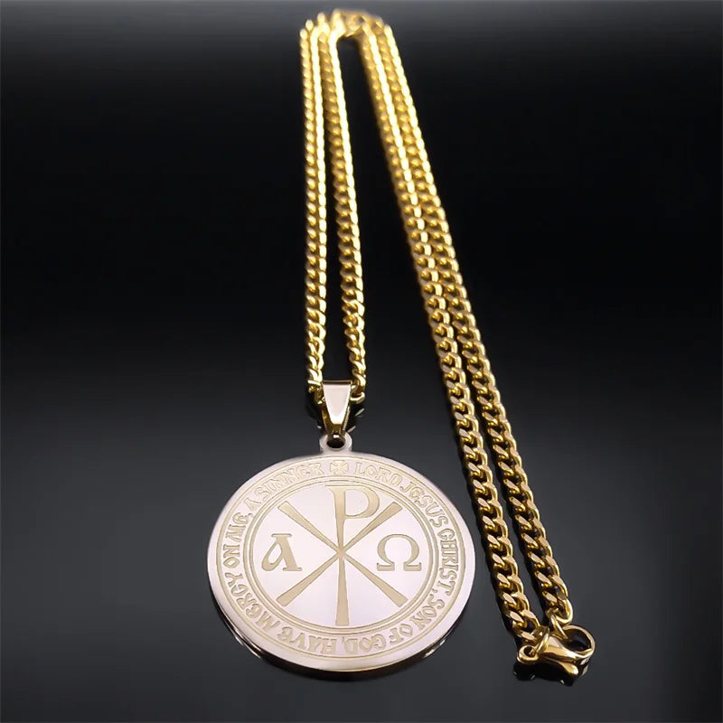 Men's Chi Rho ΧΡ Constantine Cross Necklace Stainless Steel Gold Color Greek Alphabet Necklaces Jewelry Collar de Cruz  9717