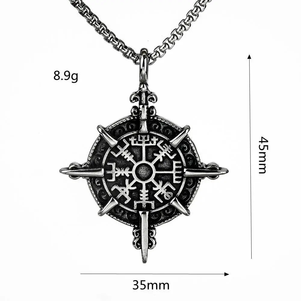 Retro Norse Mythology Pirate Compass Necklace Men's Punk Personality Trendy Cool Jewelry