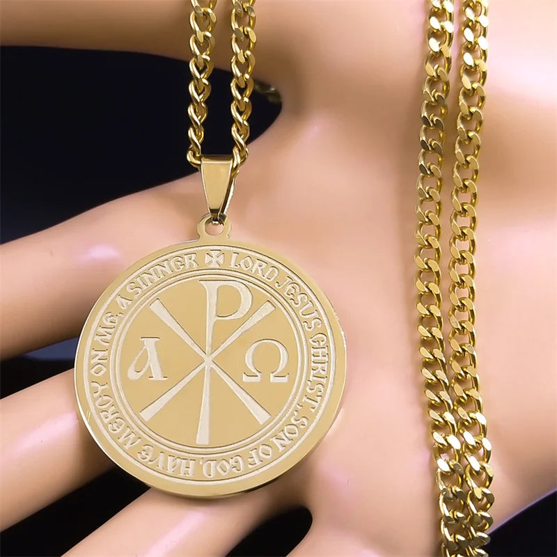 Men's Chi Rho ΧΡ Constantine Cross Necklace Stainless Steel Gold Color Greek Alphabet Necklaces Jewelry Collar de Cruz  9717