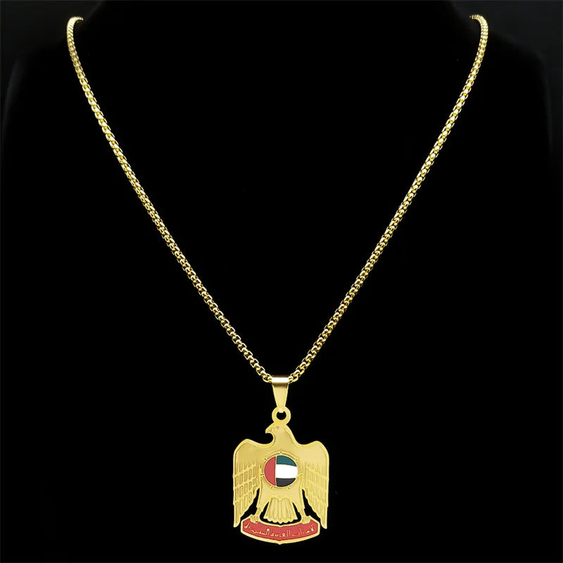 The United Arab Emirates Flag Eagle Necklace for Women Men Stainless Steel Gold Color Country Flag Necklace Pendant Jewelry