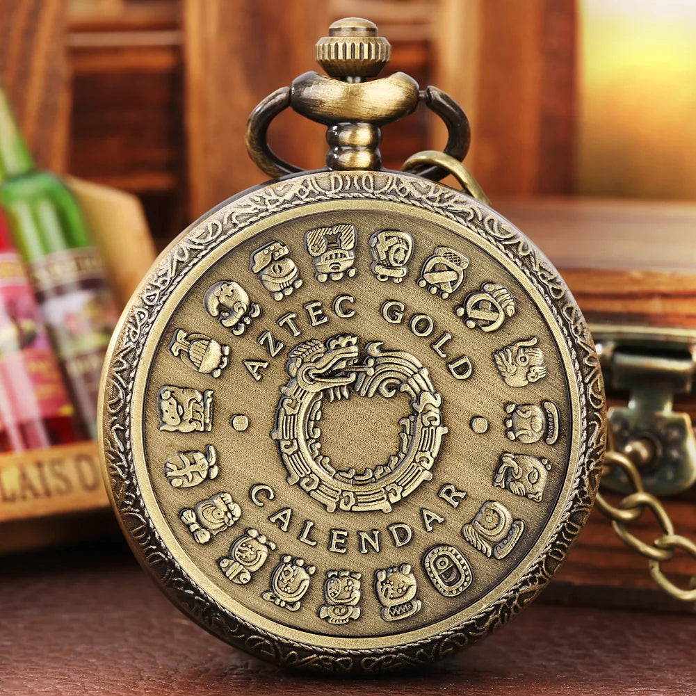 Mexican Maya Aztec Calendar Art Prophecy Culture Gold Bronze Plated Coin Quartz Pocket Watch with 80cm Necklace/38cm Waist Chain