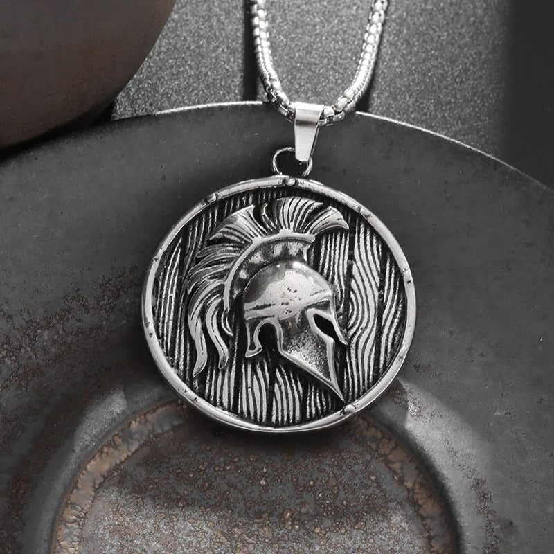 Stainless Steel Classic Greek Spartan Warrior Shield Helmet Pendant Necklace Men Women Guardian Jewelry