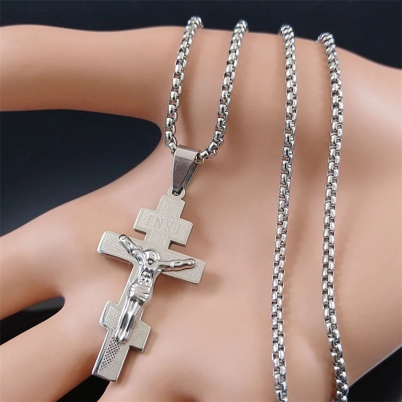 Orthodox Cross Jesus Necklace for Women Men Stainless Steel Russian Greek Church Eternal Cross Jewelry corrente masculina N6597