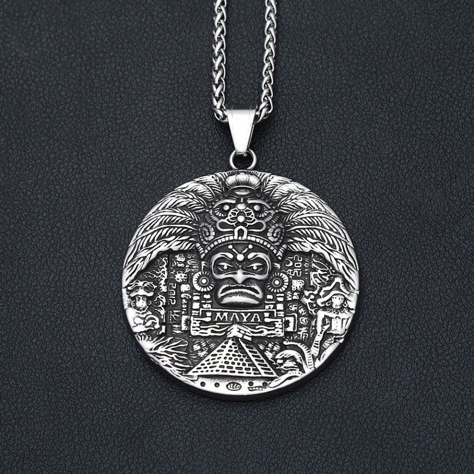 Vintage Mayan Pattern Pendant Necklaces For Men Women 316L Stainless Steel AZTEC CALENDAR Necklace Amulet Jewelry Dropshipping