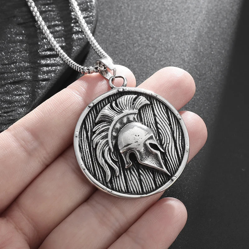 Stainless Steel Classic Greek Spartan Warrior Shield Helmet Pendant Necklace Men Women Guardian Jewelry