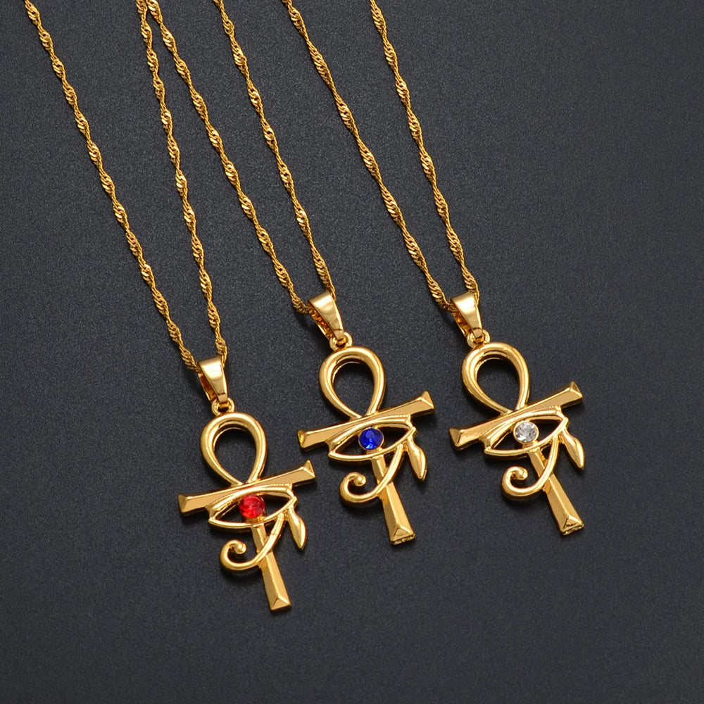 Anniyo Ancient Egypt Symbol Ankh Cross & Eye Pendant Necklaces African Amulet Jewelry Egyptian Charms Accessories Stone @262506