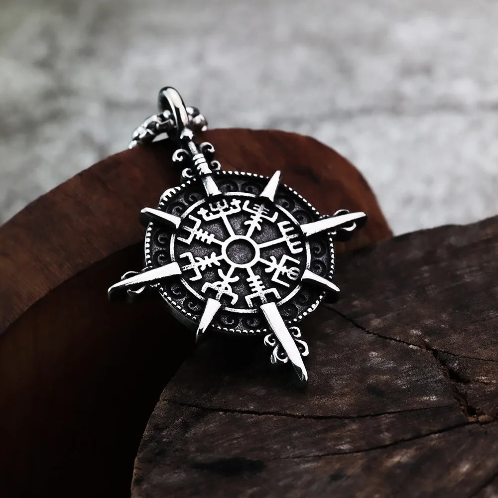 Retro Norse Mythology Pirate Compass Necklace Men's Punk Personality Trendy Cool Jewelry