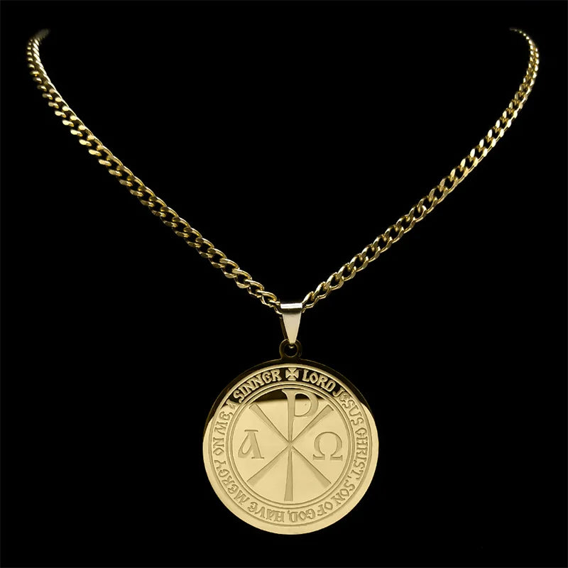 Men's Chi Rho ΧΡ Constantine Cross Necklace Stainless Steel Gold Color Greek Alphabet Necklaces Jewelry Collar de Cruz  9717