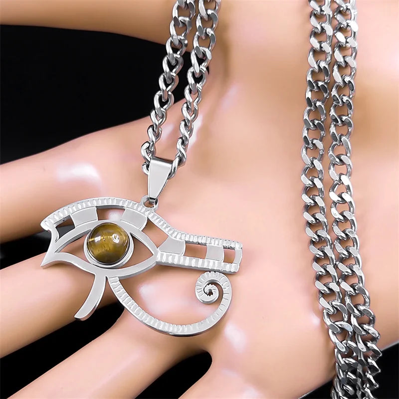 Stainless Steel Tiger Eyes Eye of Horus Necklace for Women Men Vintage Egyptian Pharaoh Necklaces Fashion Jewelry Gifts N9716S03