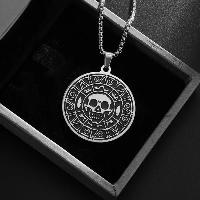 Retro Stainless Steel Pirates of The Caribbean Aztec Gold Coin Pendant Necklace Men's Personalized Punk Hip-Hop Cool Jewelry