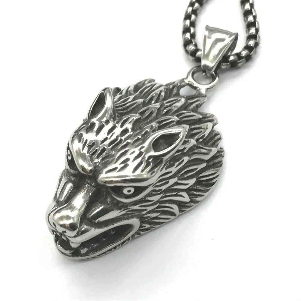 stainless steel Wolf head norse viking wolf pendant necklace wild animal necklace