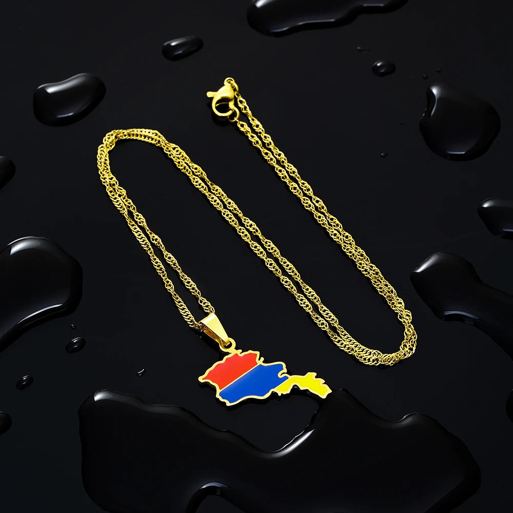 Trandy Armenia Map Flag Pendant Necklace Stainless Steel Men Women Gold Steel Color Country Map Jewelry Gift