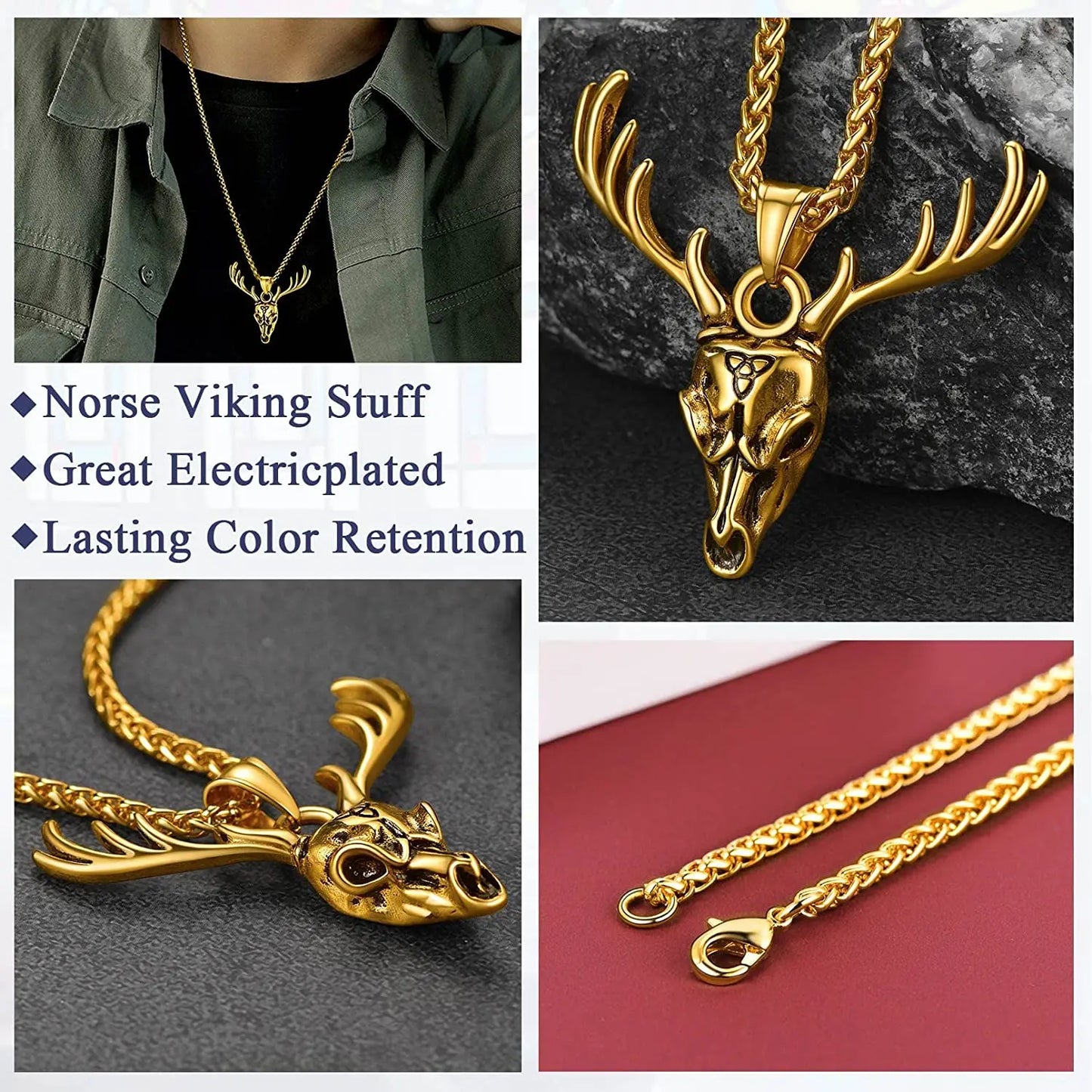 ChainsPro Celtic Mythology Viking Deer Antler Pendant Necklace for Men Women, Stainless Steel/14K Gold Plated CP784