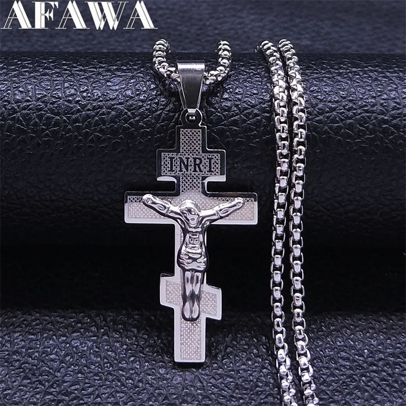 Orthodox Cross Jesus Necklace for Women Men Stainless Steel Russian Greek Church Eternal Cross Jewelry corrente masculina N6597