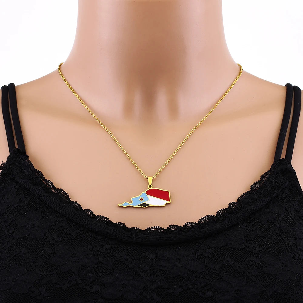 Fashion South Yemen Map Flag Pendant Necklace Stainless Steel Men Women Country Maps Gold Color Silver Color Jewelry Gift