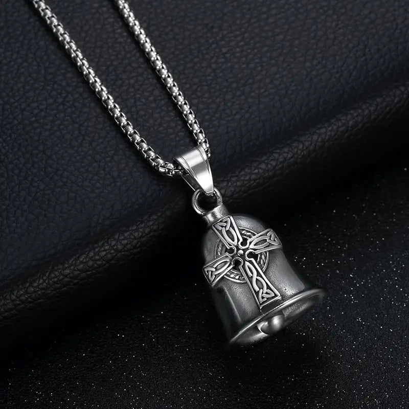 Nordic Mythology Irish Celtic Knot Cross Bell Pendant Necklace Men's Punk Motorcycle Riding Rock Fashion Jewelry