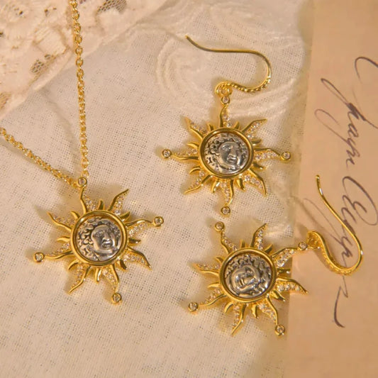 Niche Retro Sun Mythology Jewelry Ancient Roman Coins Abstract Set Pendant High Sense Earrings Pendant Set for Women Dubai Style