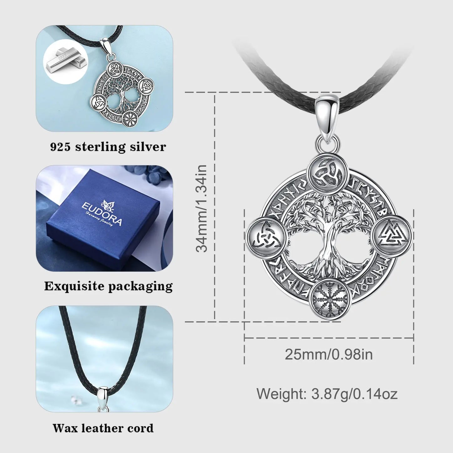 Eudora 925 Sterling Silver Tree of Life Necklace  Norse runes Hexe Celtic Knoten Yggdrasil Amulett Pendant Man Viking Jewelry