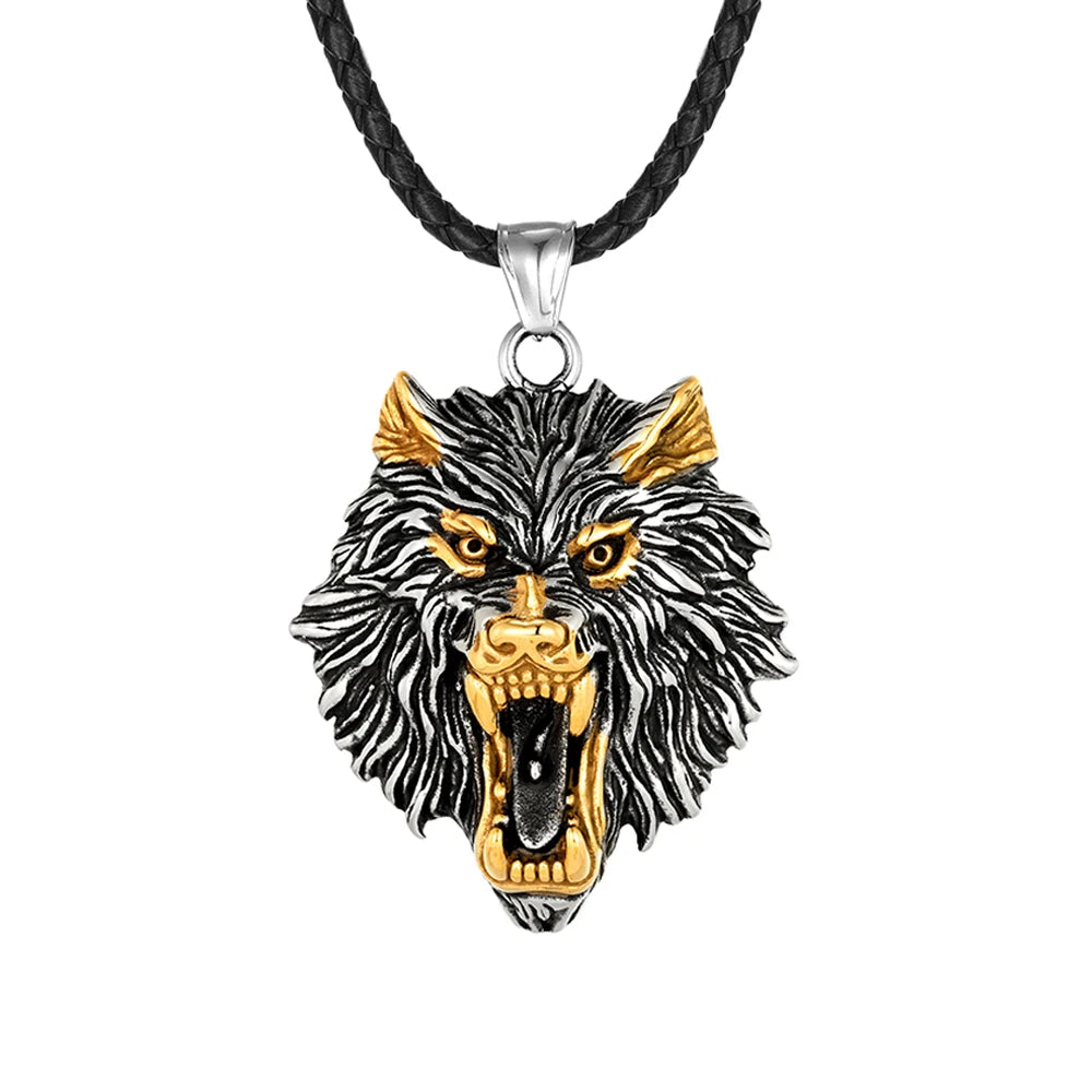 Vintage Norse Runes Odin's Wolf Necklaces Men Punk Stainless Steel Vikings Wolf Head Pendant Amulet Scandinavian Jewelry Gifts