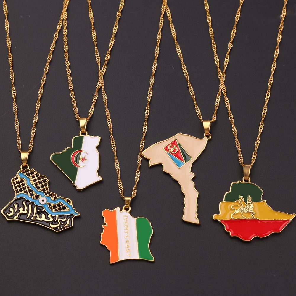 Africa Country Map Pendant Necklace Algeria Ethiopia Eritrea Country Flag Metal Enamel Drop Necklace for Ethnic Accessories Gift