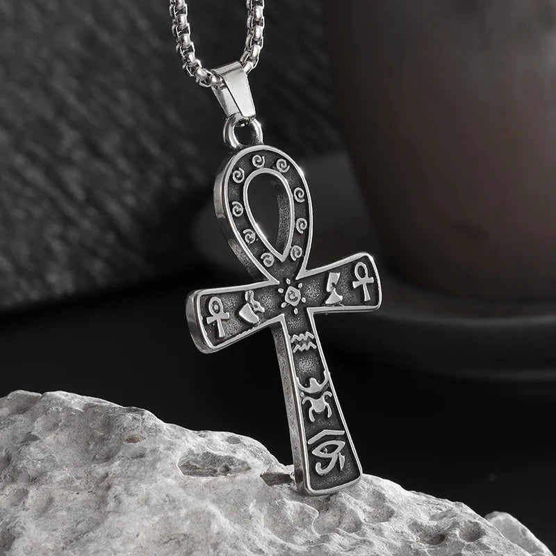 Ancient Egyptian Symbol Ankh Eye of Horus Cross Pendant Stainless Steel Necklace for Men Women Prayer Amulet Jewelry Gift